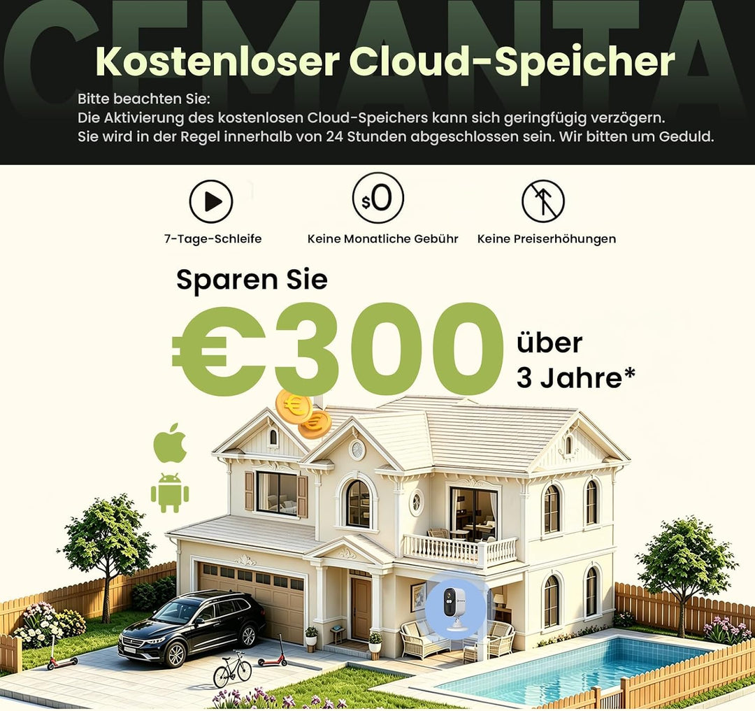 4MP Überwachungskamera Aussen Akku - 2,4G/5GHz WLAN, Kostenlosem Cloud-Speicher, IP66 wetterfest, AI