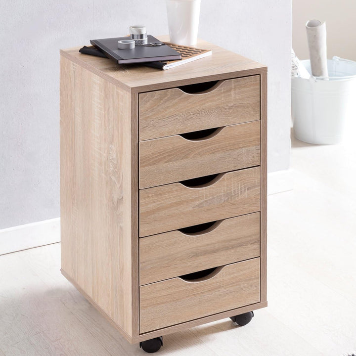 Rollcontainer 33 x 64 x 38 cm MDF-Holz 5 Schubladen Sonoma | Moderner Schubladencontainer mit Rollen