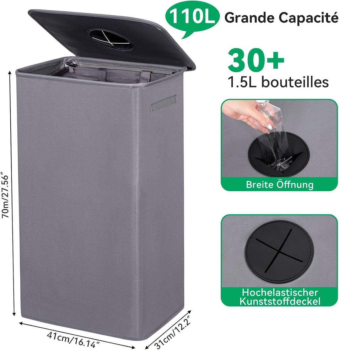 WOWLIVE Pfandflaschen Sammelbehälter,110L Flaschensammler Leergut mit Deckel &amp; 2 Tragetasche,Flasche