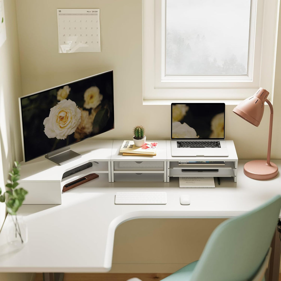 Fenge Monitorständer 3 in 1, Dual Monitor Stand mit Schublade und Ausziehbarem Tablett, L-Förmiger E