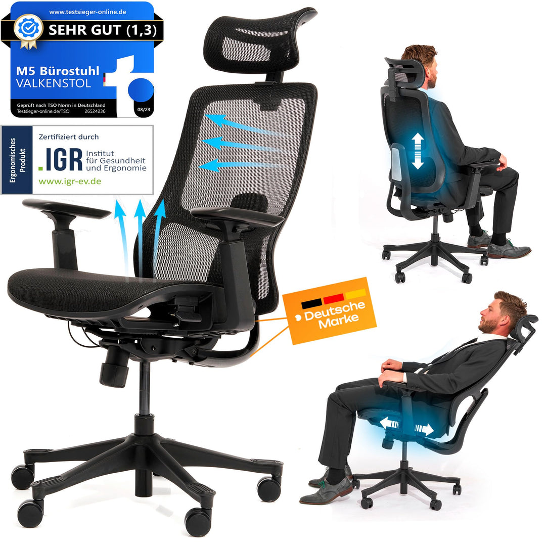 VALKENSTOL M5 Ergonomischer Bürostuhl [Höhenverstellbare Rückenlehne, Einstellbare Sitztiefe, Mesh-S