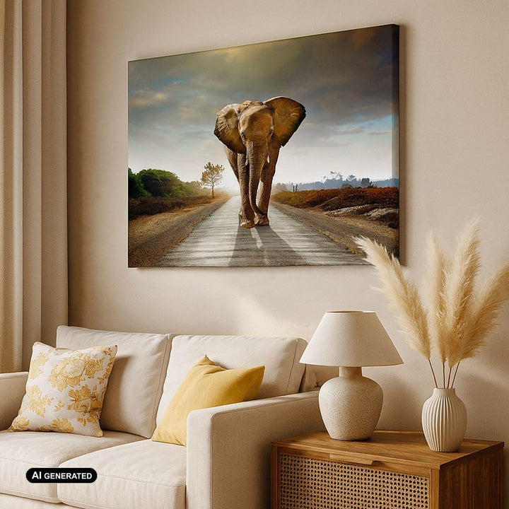 Bilder auf Leinwand 100x70cm Leinwandbild Elefant Strasse Landschaft Gross Wanddeko Bild Schlafzimme