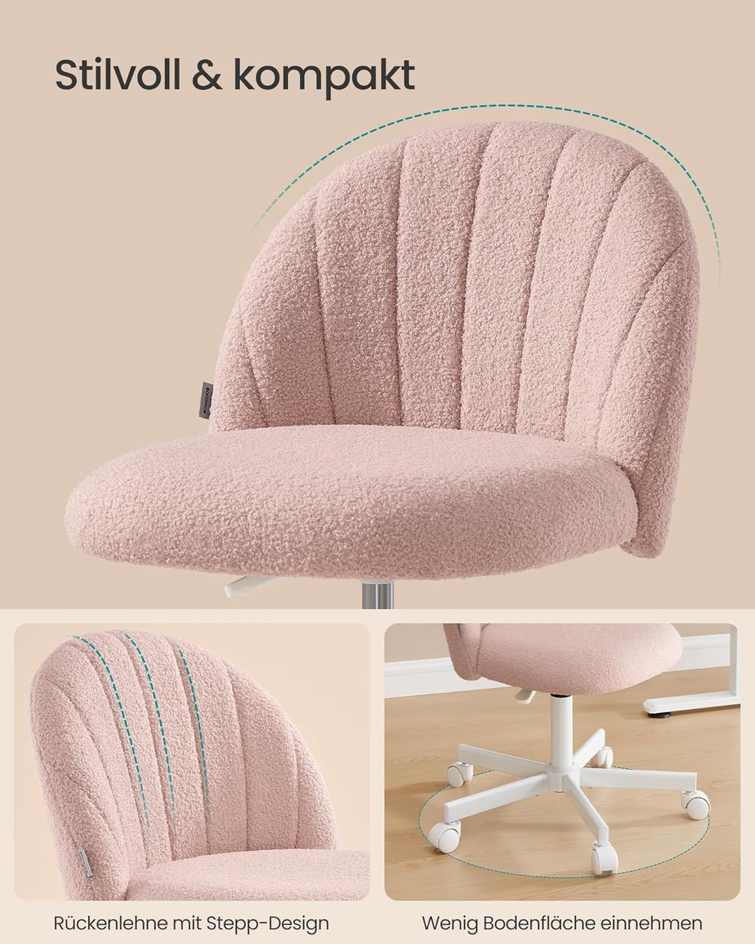 SONGMICS Homeoffice-Stuhl, Schminkstuhl aus Fleece, Schreibtischstuhl, Schaumstoffpolsterung, höhenv