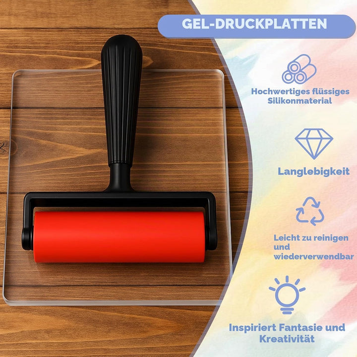 Gel Druckplatte, Wiederverwendbare Gel Printing Plate, Inklusive Mini-Rollerpinsel, Stempeln und Tex