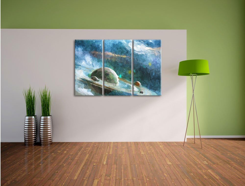 Pixxprint Planet mit Ringsystem / 3-Teilig/Gesamtmass 120cm Leinwandbild bespannt auf Holzrahmen/Wan