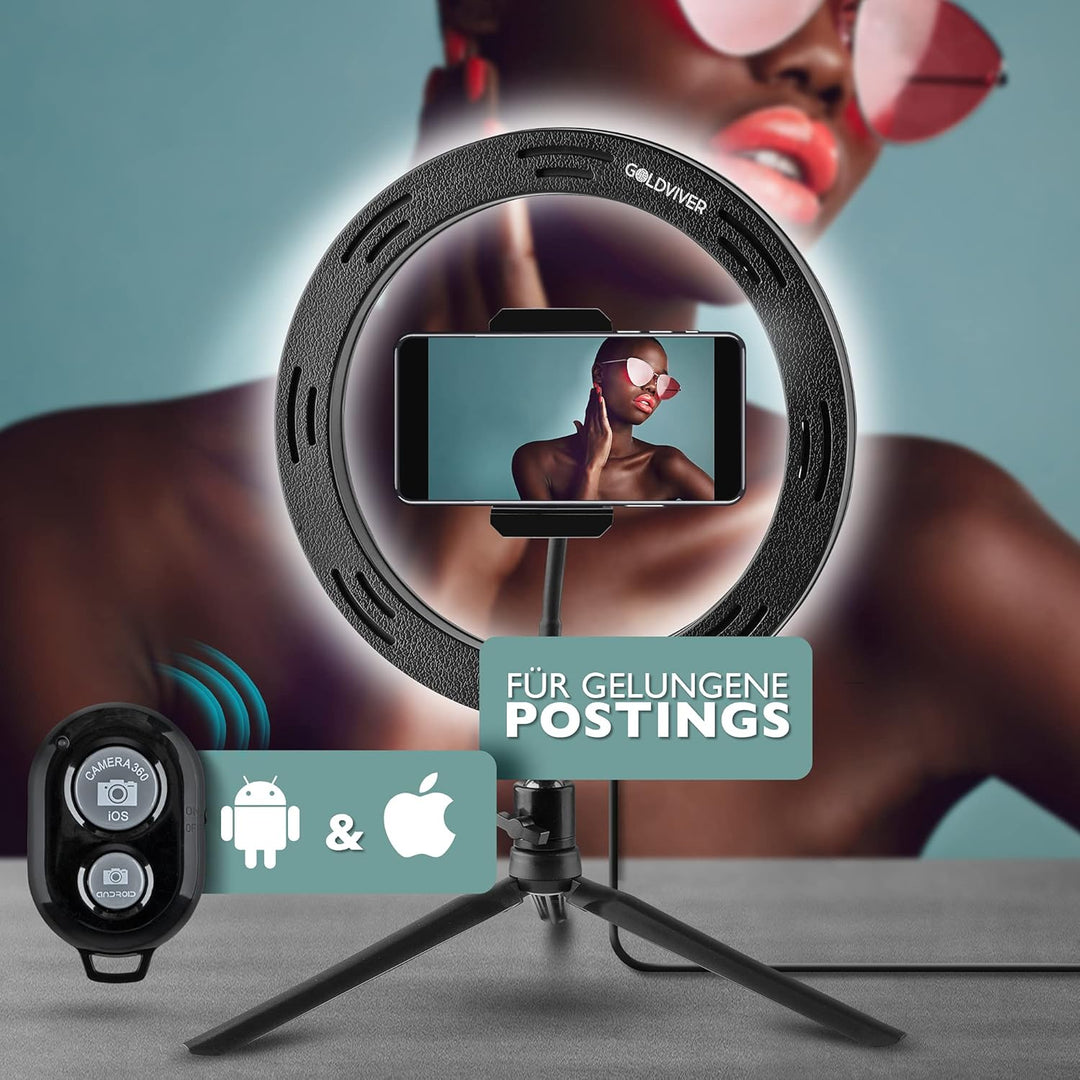 Ringleuchte Dimmbar – 10 Zoll Ringlicht mit Stativ & Bluetooth Selbstauslöser – 10 Helligkeitsstufen