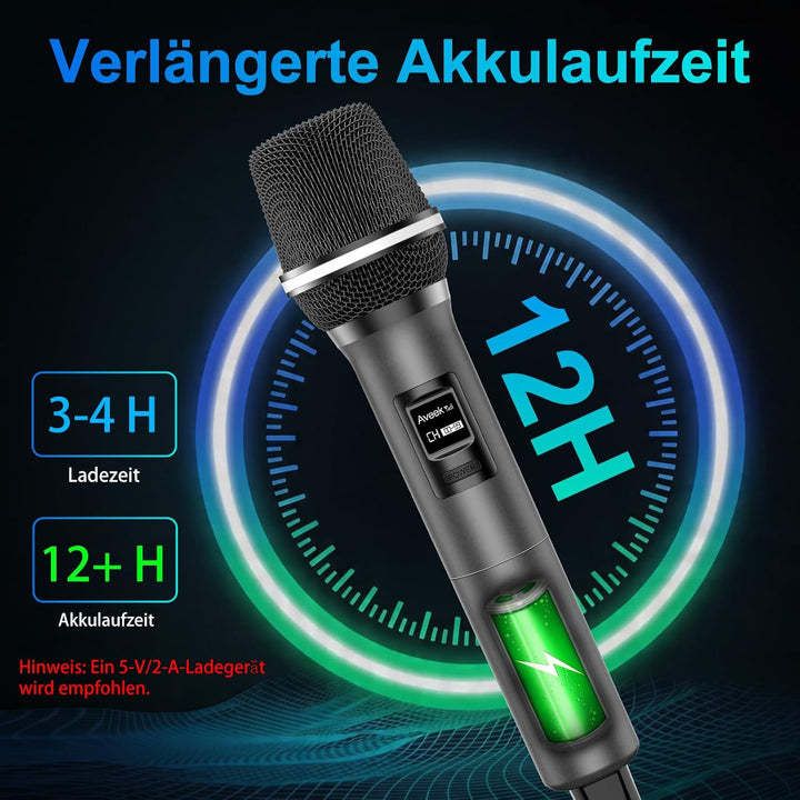Aveek Kabelloses Mikrofon, Karaoke Kabelloses Mikrofon Set, Wiederaufladbares Funk Mikrofon, 6.35mm/