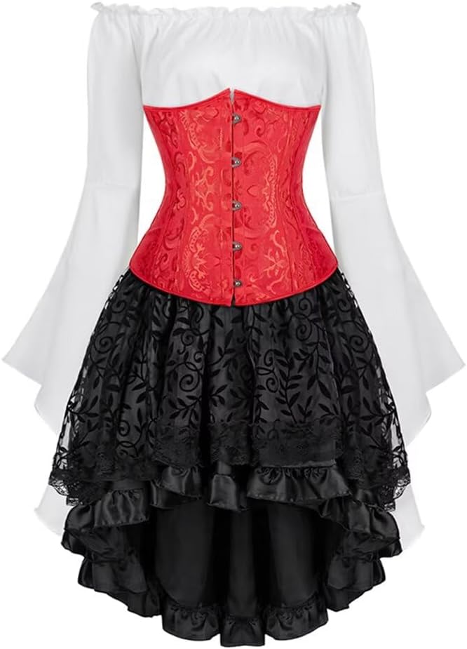 Josamogre Korsett Underbust 3Pcs Set Kostüm mit Corsagenkleid Corset Dress Corsage Spitzenrock und B