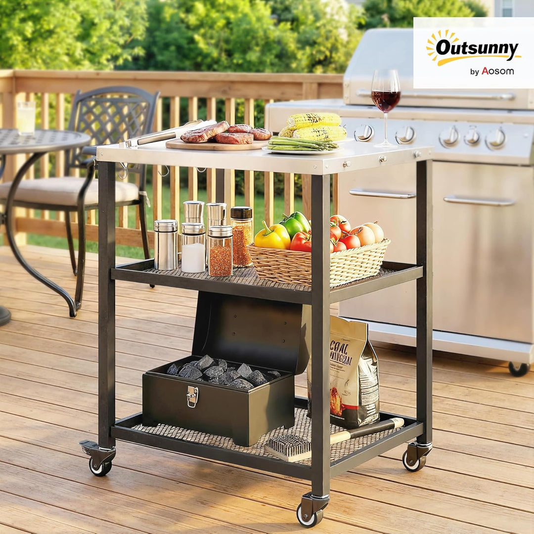 Outsunny Grillwagen 3-Etagen Servierwagen mit Arbeitsfläche verstellbar Ablagen Haken Räder, BBQ Gri