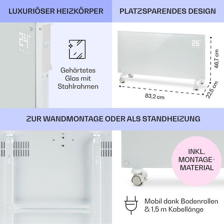 Klarstein Elektroheizung, Konvektor-Heizung mit Bodenrollen, Mobile Elektroheizung Energiesparend, L