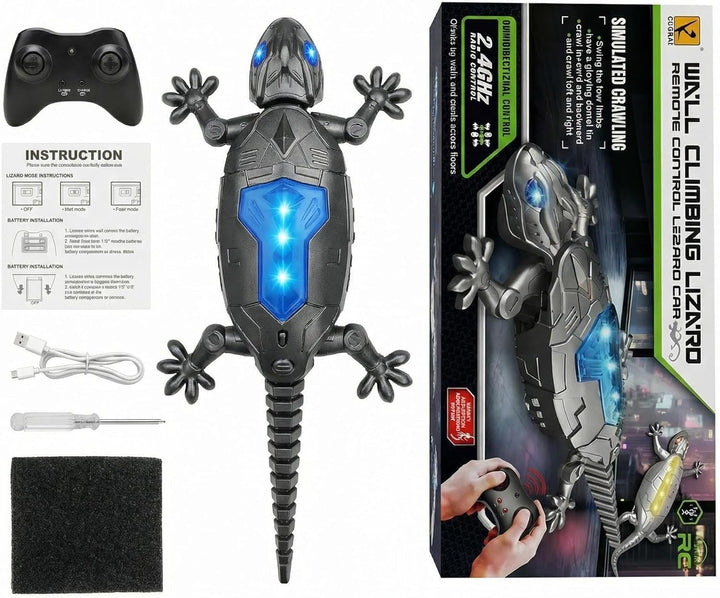 Fernbedienung Eidechse Spielzeug Wandkletterer,2.4G RC Kletternde Echse mit LED Licht, Silber – Inte