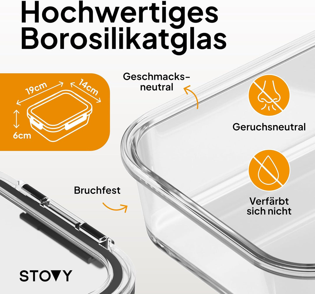 STOVY® Meal Prep Boxen Glas - 5x 1040ml I Glasbehälter mit Deckel - Ideal für komplette Mahlzeiten I