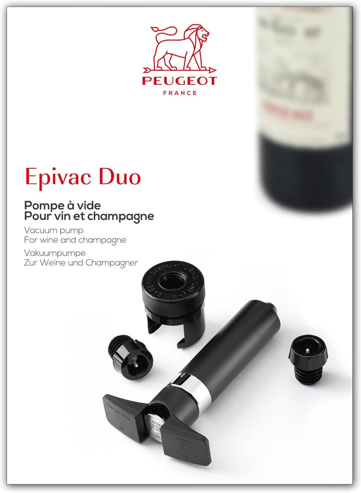 PEUGEOT - Epivac Duo - Vakuumpumpe + 2 Weinverschlüsse und 1 Champagnerverschluss - Zur Konservierun