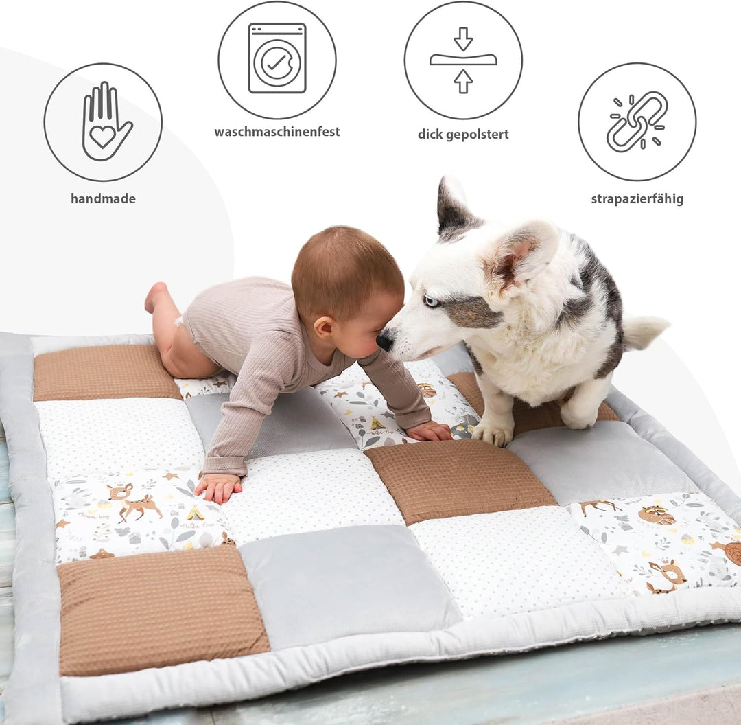 Baby Krabbeldecke 120x120 cm Velvet - Spielmatte Patchwork Spielmatte gepolstert Bodenmatte Dicke Ba