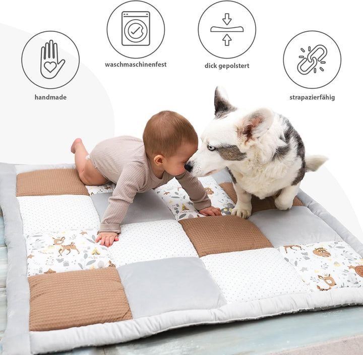Baby Krabbeldecke 120x120 cm Velvet - Spielmatte Patchwork Spielmatte gepolstert Bodenmatte Dicke Ba