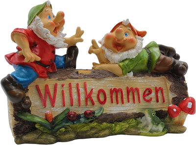 Dekohelden24 Gartenzwerge auf Holzstamm mit Spruch-Willkommen, Alles aus Poly, niedliche Deko für Ga