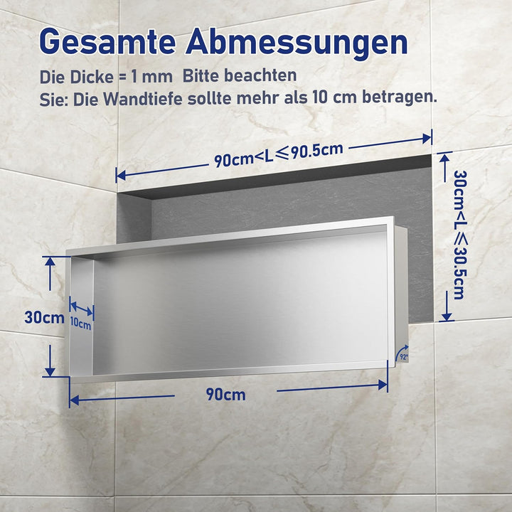 Wandnische Dusche Edelstahl, 90 x 30 x 10 cm Duschnische, Wandnische Bad Nische Duschnische,Einbau-B