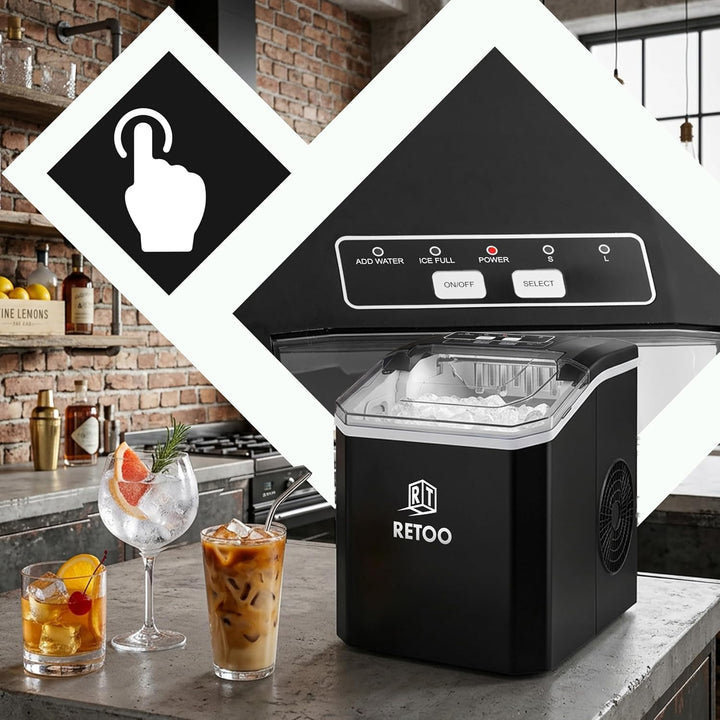 Retoo Eiswürfelmaschine 12 kg/24h, 9 Eiswürfel/6–12 Min | Selbstreinigung, 1,5 l , 2 Eisgrössen, Dis