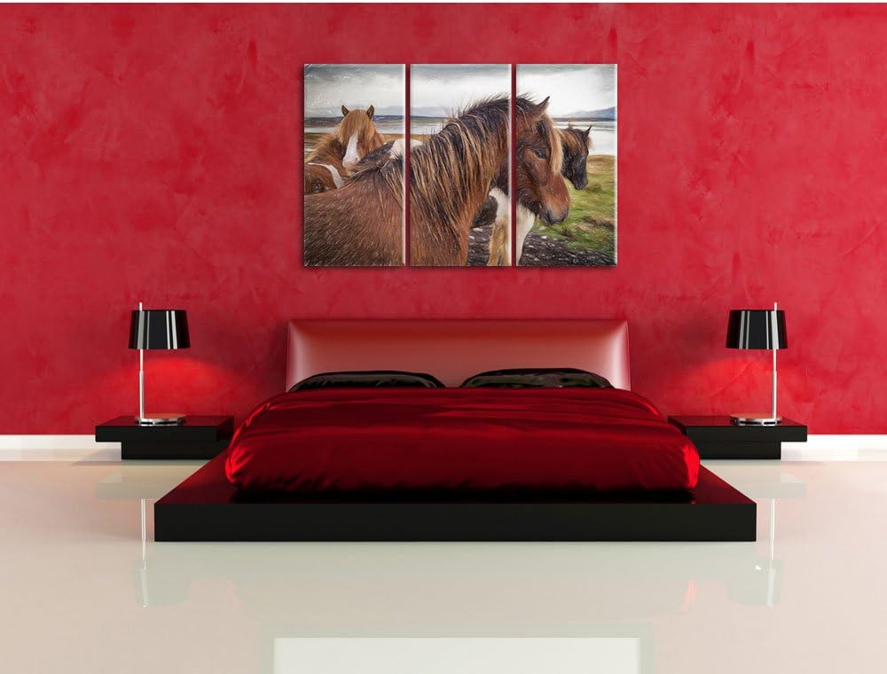 Pixxprint Herde aus schönen Wildpferden Kunst Buntstift Effekt 3-Teiler Leinwandbild 120x80 Bild auf