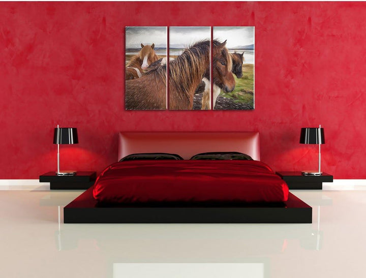 Pixxprint Herde aus schönen Wildpferden Kunst Buntstift Effekt 3-Teiler Leinwandbild 120x80 Bild auf