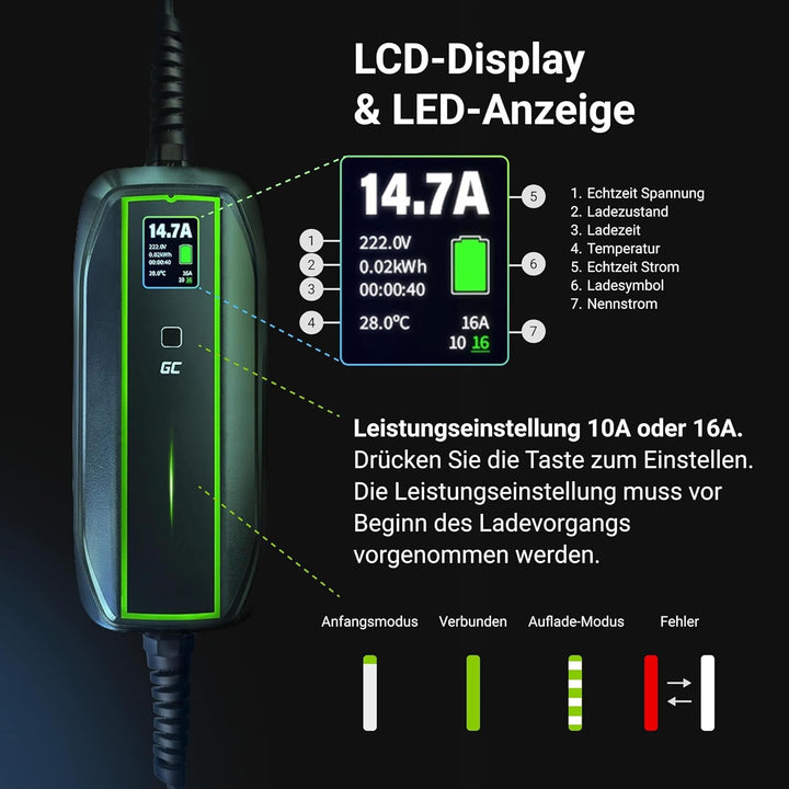 Green Cell EV Ladegerät Typ 2 Ladekabel Schuko für Elektroautos 10A / 16A 3,68kW 6,5m 1-Phasig LCD D