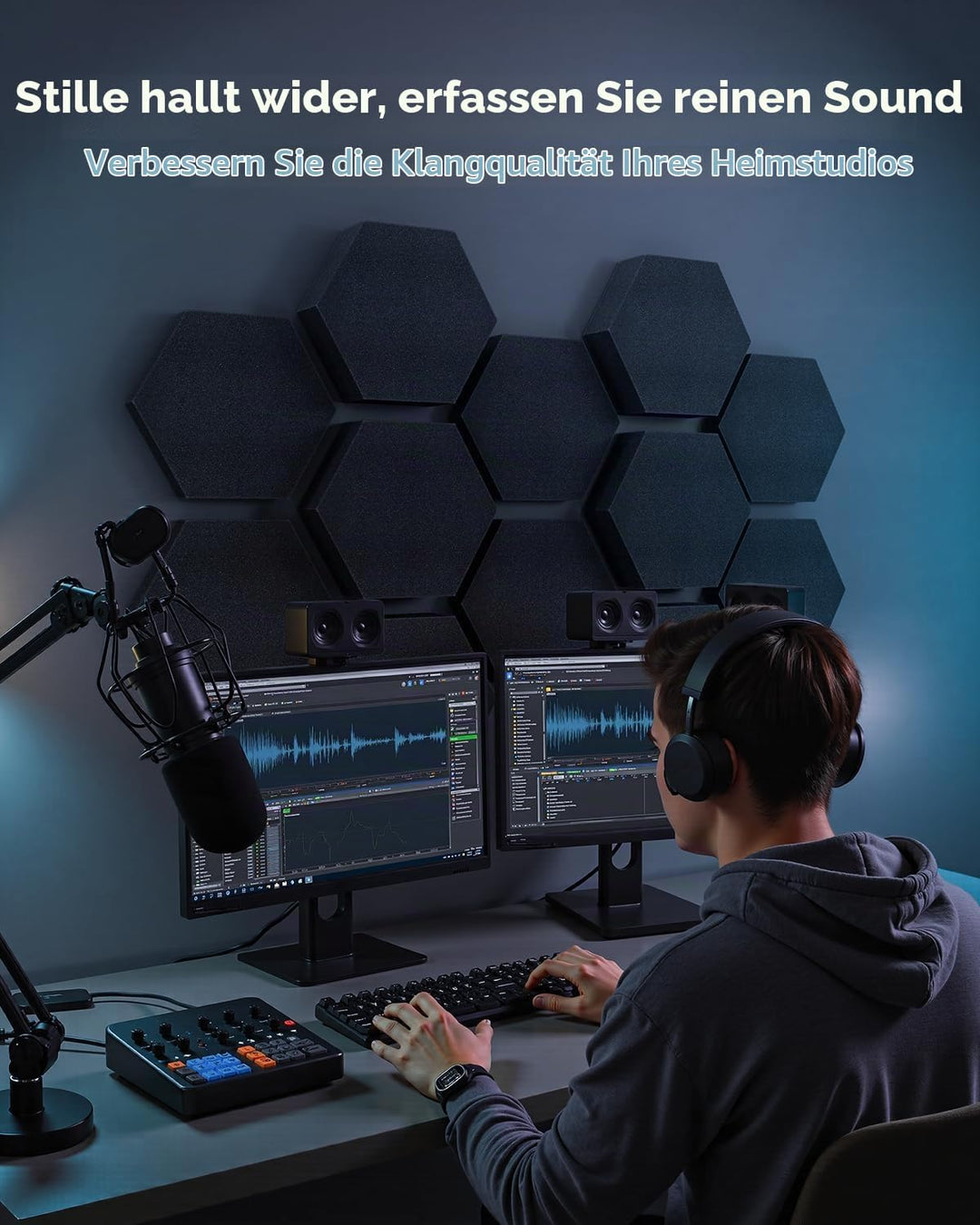 Kuchoow Akustikschaumstoff Schallabsorber Akustikplatten Wand, 12 Stück 3D Hexagon Akustik Schaumsto