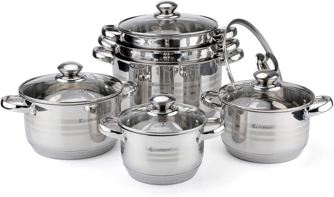 EliteHoff Topfset Induktion 12-teilig Edelstahl, Kochtopf Set mit Glasdeckel, 7-lagiger Edelstahl To