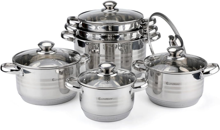 EliteHoff Topfset Induktion 12-teilig Edelstahl, Kochtopf Set mit Glasdeckel, 7-lagiger Edelstahl To
