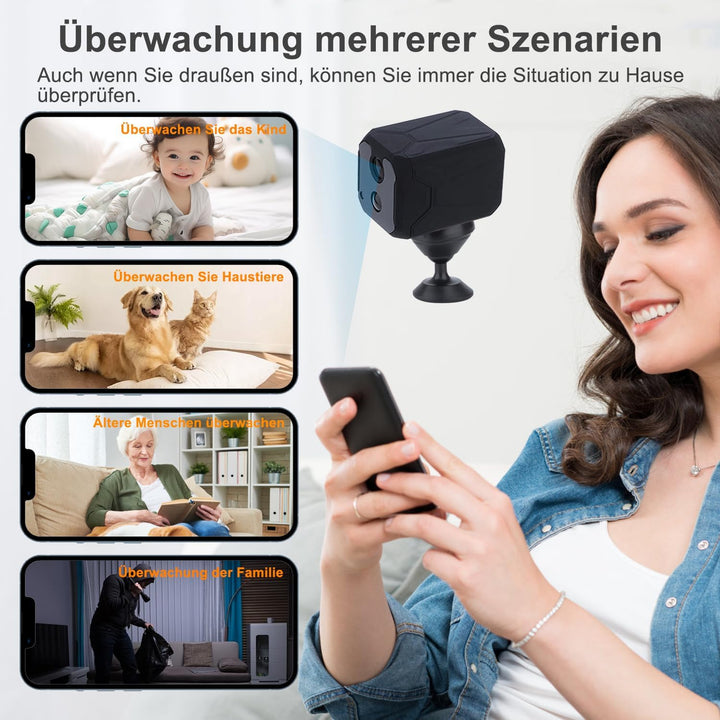 ZHENHAN Mini Kamera,2.4 GHz WLAN Überwachungskamera Innen Akku mit Nachtsicht, Kamera überwachung in