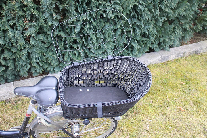 Hundefahrradkorb für Gepäckträger aus Weide mit Metallgitter und Kissen Schwarz XL oder XXL Gepäcktr
