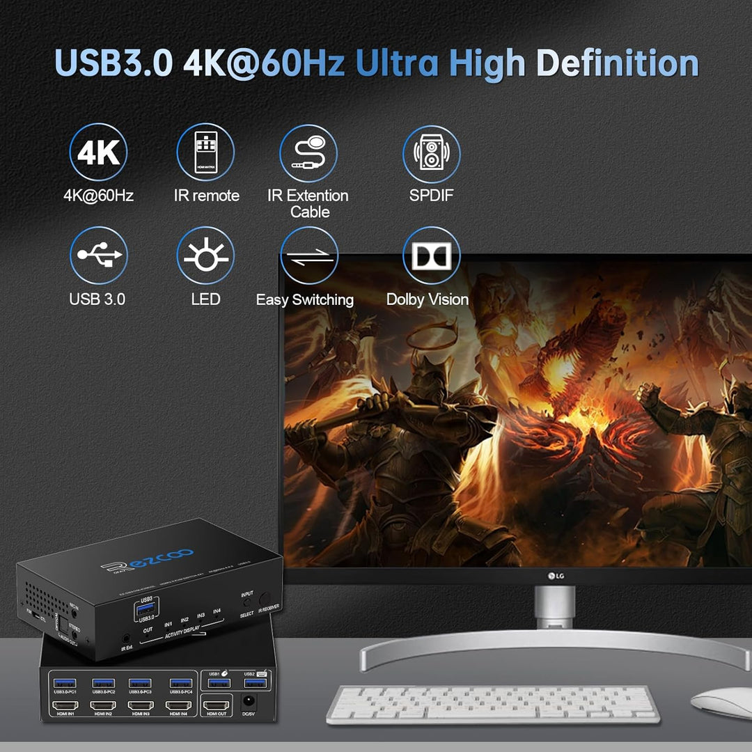 USB3.0 HDMI KVM Switch 4 Port 4 In 1 Out 4K 60Hz 4 In 4 Out SPDIF 5.1 Audio Breakout Mouse/Keyboard/