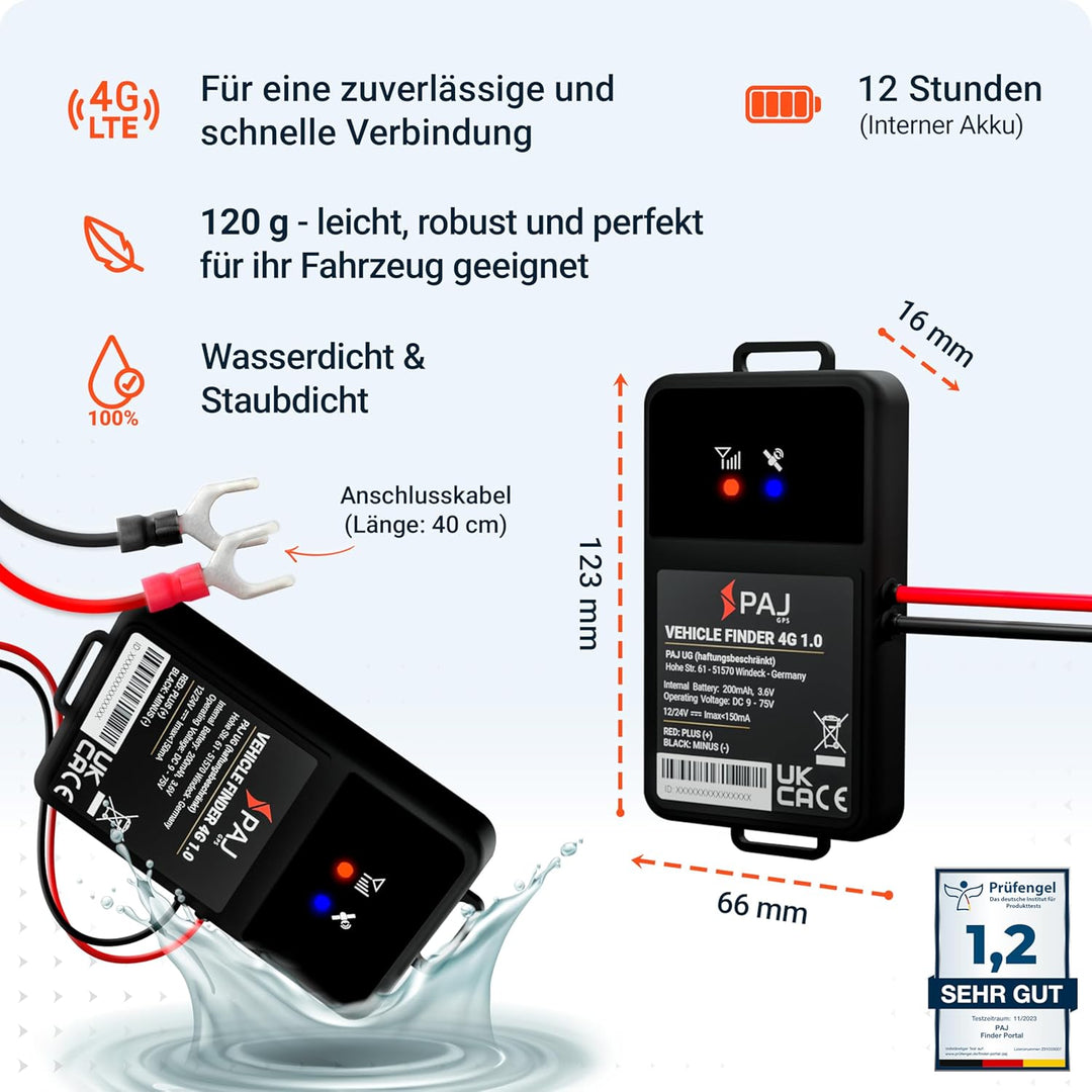 PAJ GPS Tracker Vehicle Finder 4G 1.0 - Direktanschluss an 9-75V Fahrzeugbatterie - GPS Peilsender A