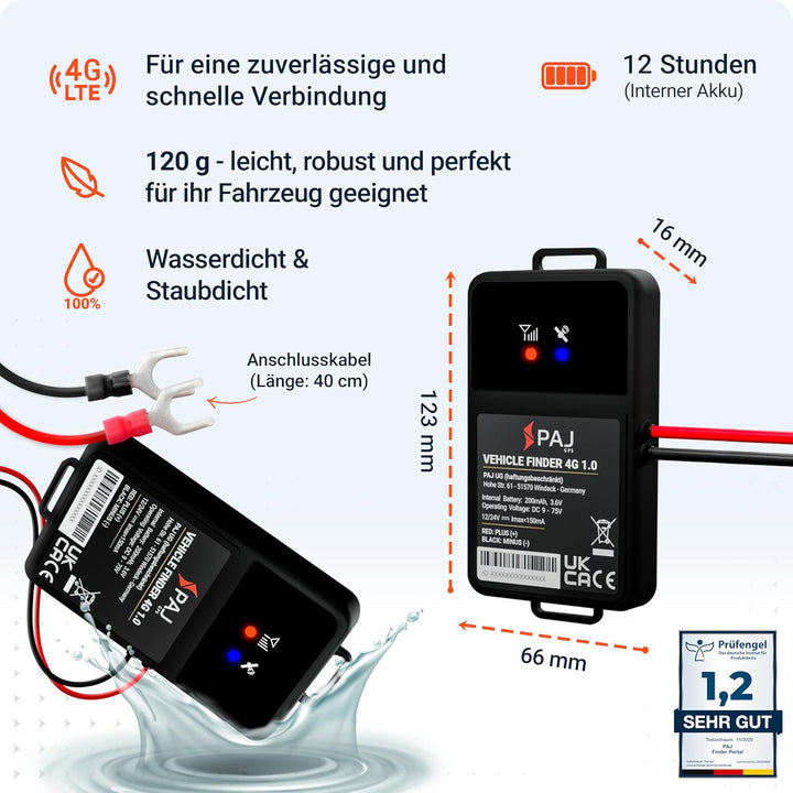 PAJ GPS Tracker Vehicle Finder 4G 1.0 - Direktanschluss an 9-75V Fahrzeugbatterie - GPS Peilsender A