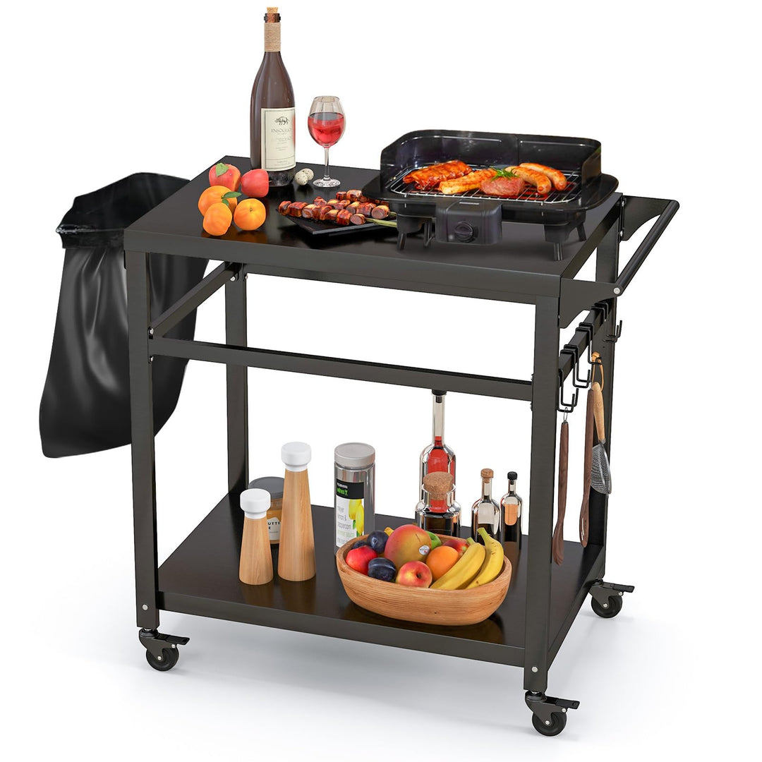 GOPLUS Grillwagen, Grilltisch Outdoor mit Griff, 2 Ablagen, Haken & Rollen, multifunktionaler Pizzat