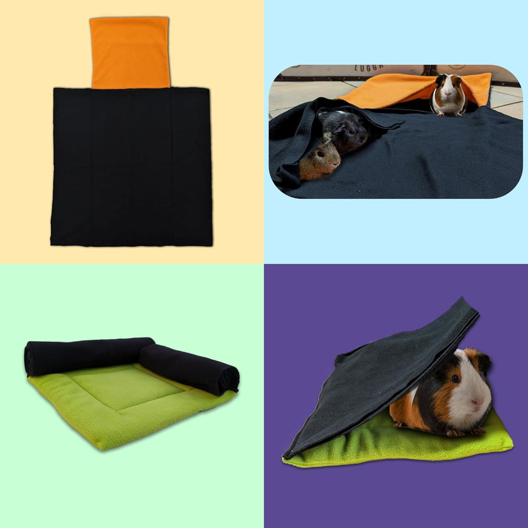 Fleecekissen mit 2 Tunnelröhren für Meerschweinchen und Häschen - 30 cm x 30 cm - saugfähig und bequ