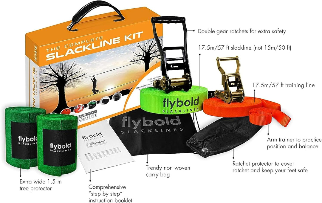 flybold Slackline Kit mit Trainingsleine Baumschutz Ratschenschutz Armtrainer 17,4 m einfache Einric