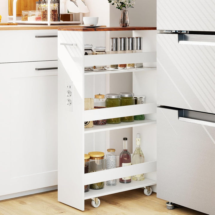 COSTWAY Nischenwagen 20cm breit, 4 Etagen Küchenwagen schmal mit Ladestation, Nischenregal auf Rolle