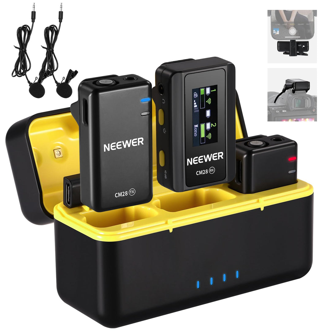NEEWER CM28 kabelloses Lavalier Mikrofonsystem mit Ladeetui, 2 Mikrofon Clips,1 klick Geräuschunterd