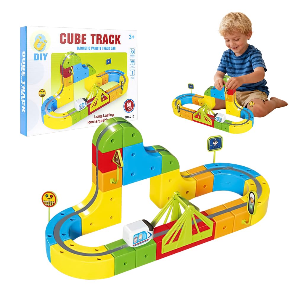 58PCS Clickrail Electric Train Set Flexible Race Track,Eisenbahn Elektrisch Cube Track Mit Magnetisc