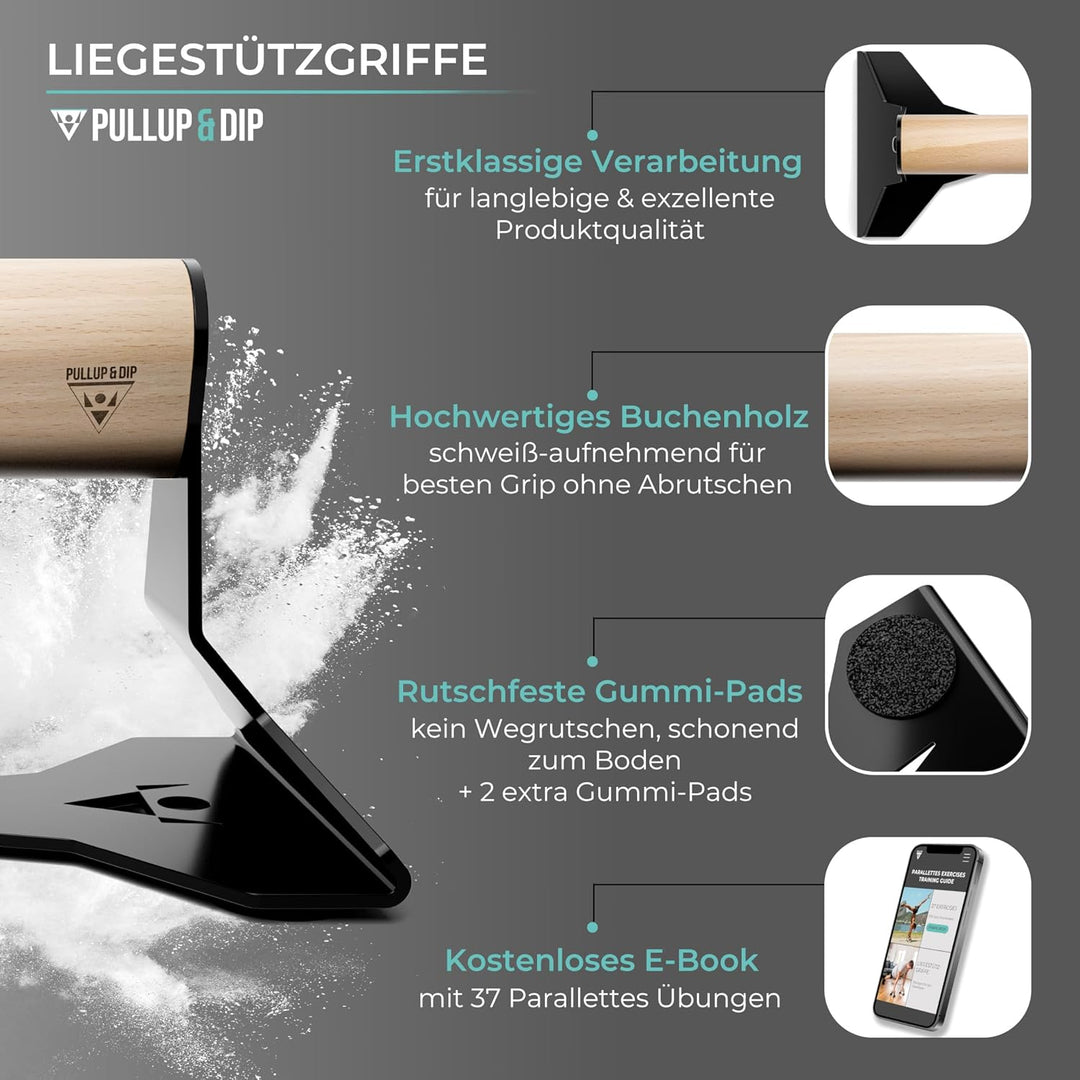 PULLUP & DIP Liegestützgriffe mit ergonomischem Holz Griff und hochbelastbarem Stahl - Rutschfeste P