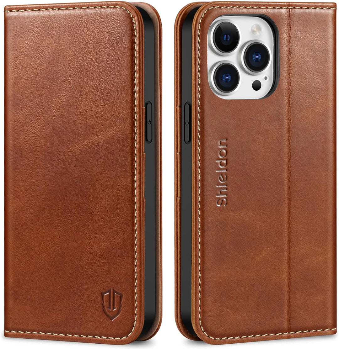 SHIELDON Hülle für iPhone 14 Pro Max Handyhülle [Erstklassig Echtleder] [Kartenfach] [Magnet] [Stand