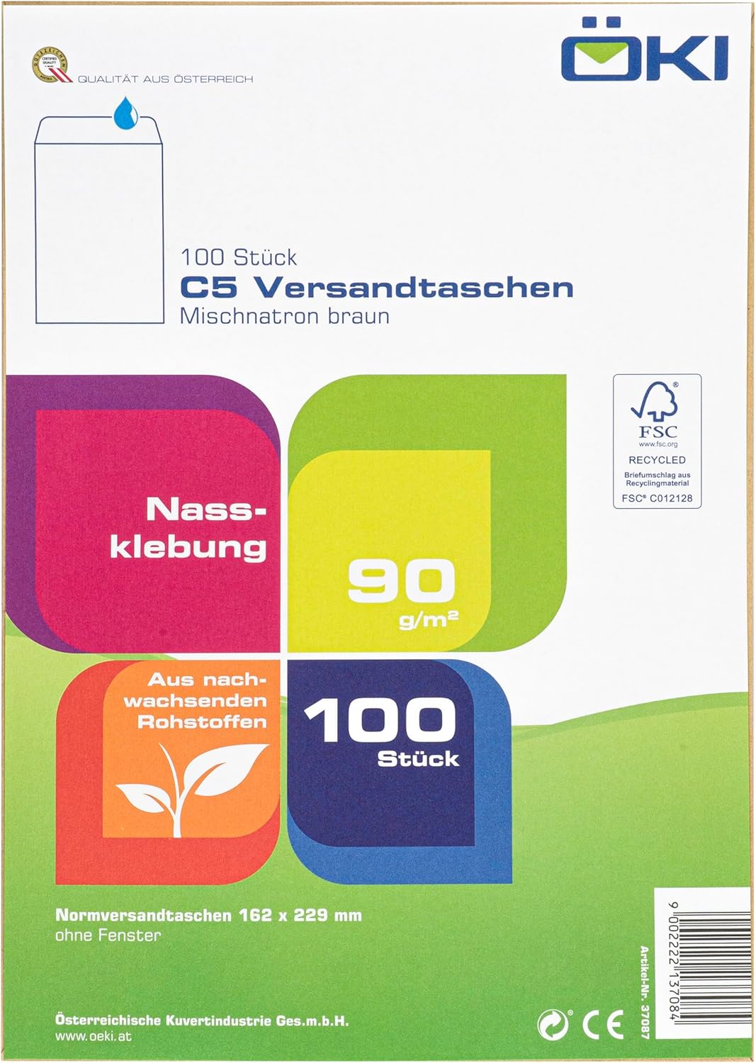 ÖKI Tasche C5, 100 Stück, Briefumschlag nassklebend, 162x229mm, 90g, braun Braun C5 1, Braun C5 1
