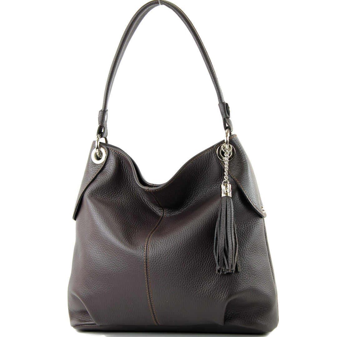 modamoda de T185 Damen Leder Schultertasche, handmade in Italy Dark Chocolate, Dark Chocolate