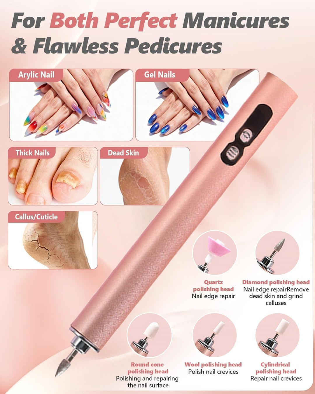 Professioneller Elektrischer Nagelfräser, Tragbare Nagelfeile für Acryl und Gelnägel, USB-Aufladbar,