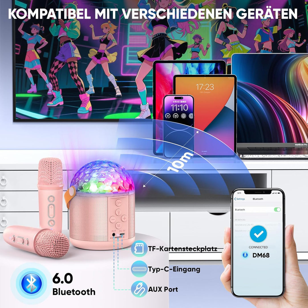 Karaoke Maschine mit 2 Karaoke Mikrofon, Geschenk Spielzeug Mädchen 3-15 Jahre, Tragbarer Bluetooth