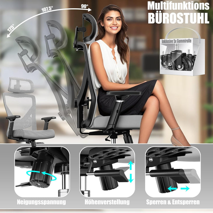 KESSER® Bürostuhl Ergonomisch mit verstellbaren Armlehnen | Drehstuhl mit Lendenwirbelstütze Rückens