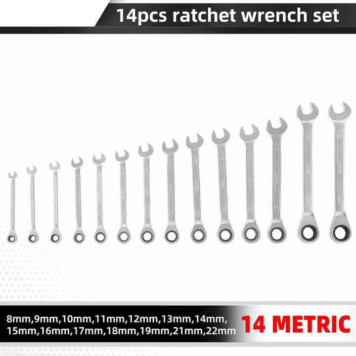 CCLIFE 14tlg Ratschenschlüssel Set 8-22mm Ratschen Ring Maulschlüssel Set | Cr-V | 72 Zähnen 14tlg 8