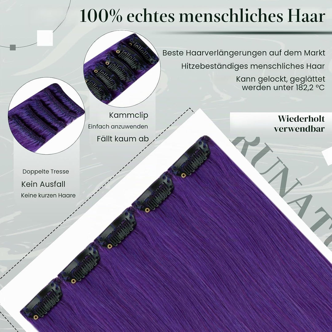 RUNATURE Clip in Extensions Echthaar 45cm Purple Haarverlängerung clip Echthaar Unsichtbar 5pcs Clip