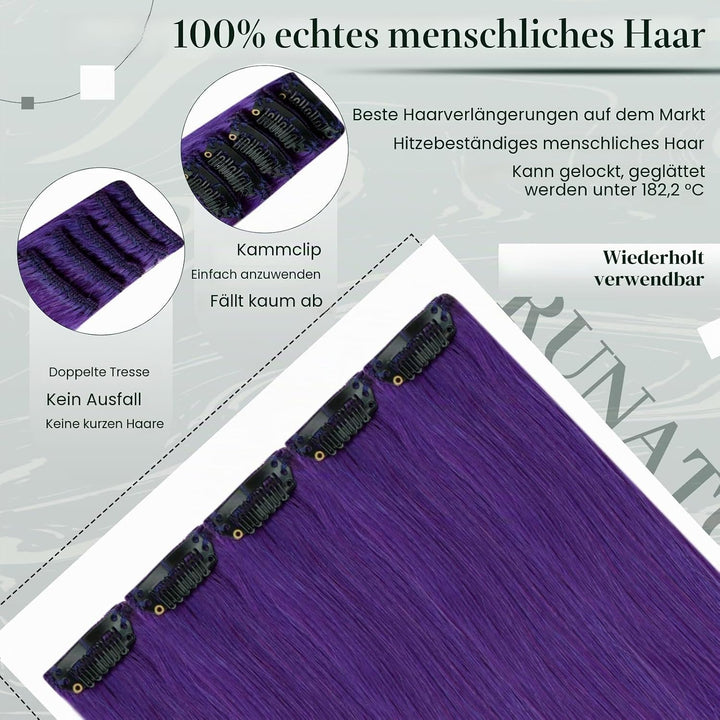 RUNATURE Clip in Extensions Echthaar 45cm Purple Haarverlängerung clip Echthaar Unsichtbar 5pcs Clip