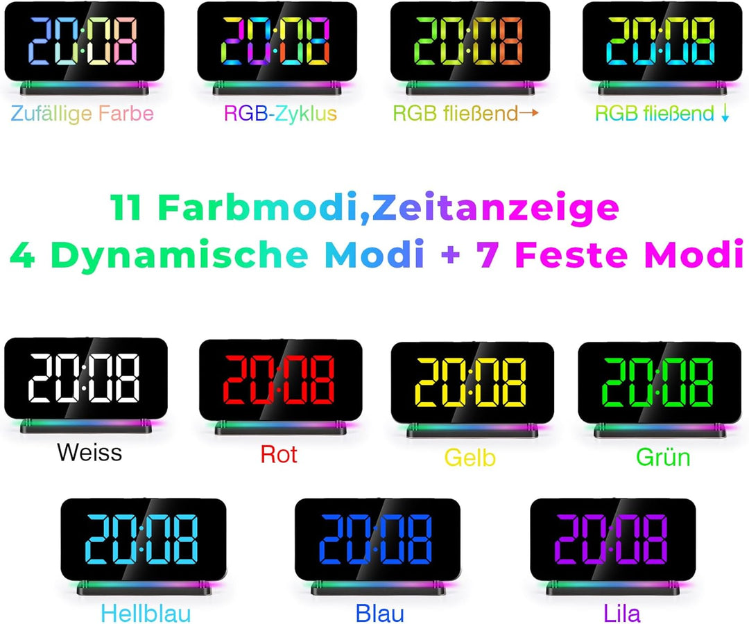 SZELAM Wecker Digital, Nachttisch,7,4" Spiegeluhr mit 10 Modi RGB-Nachtlicht,11 Farben LED Digitalan